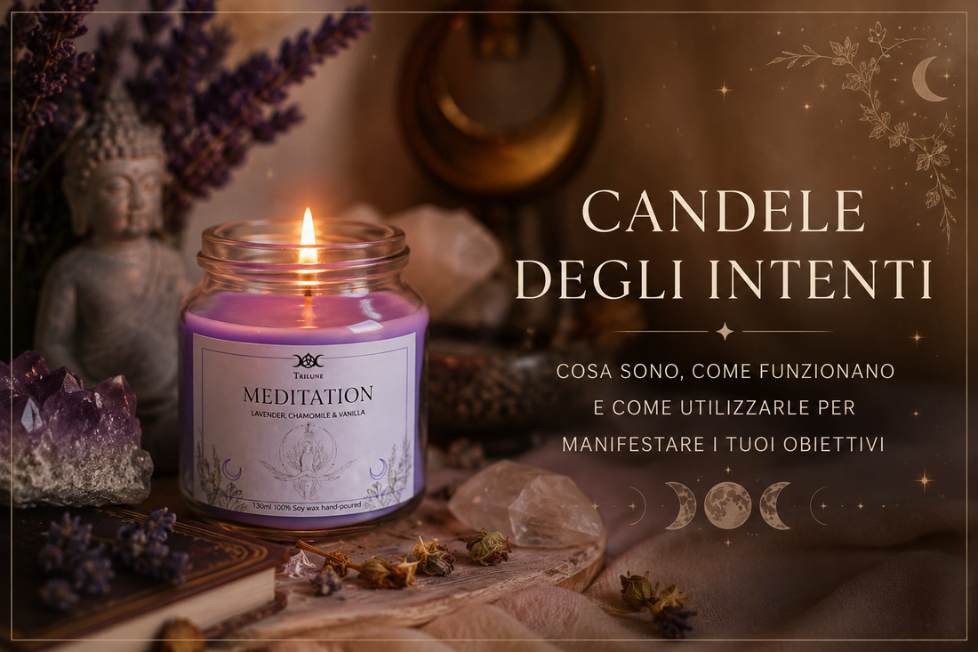 Candela rituale degli intenti Trilune accesa durante un momento di meditazione